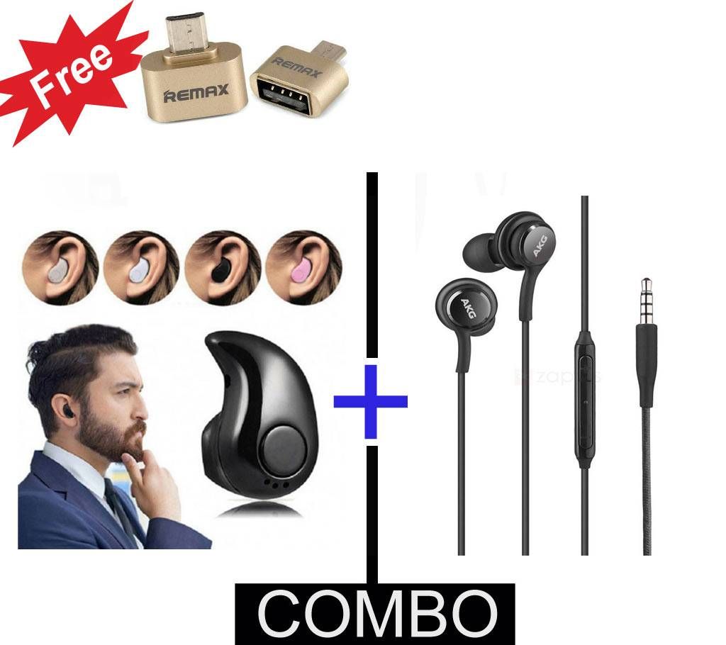 Smart Mini Wireless Bluetooth Earphone + Akg HD ইয়ারফোন + ফ্রি Remax OTG Converter