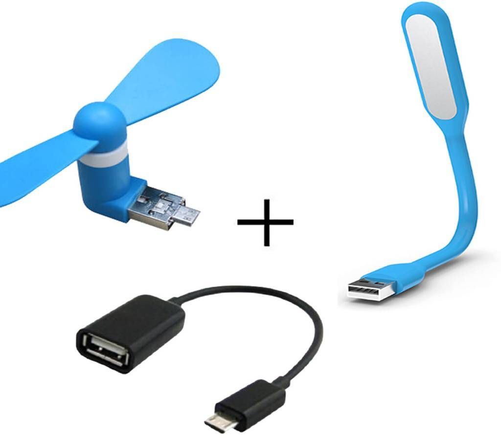 USB OTG Fan + LED Light + OTG Adapter Combo