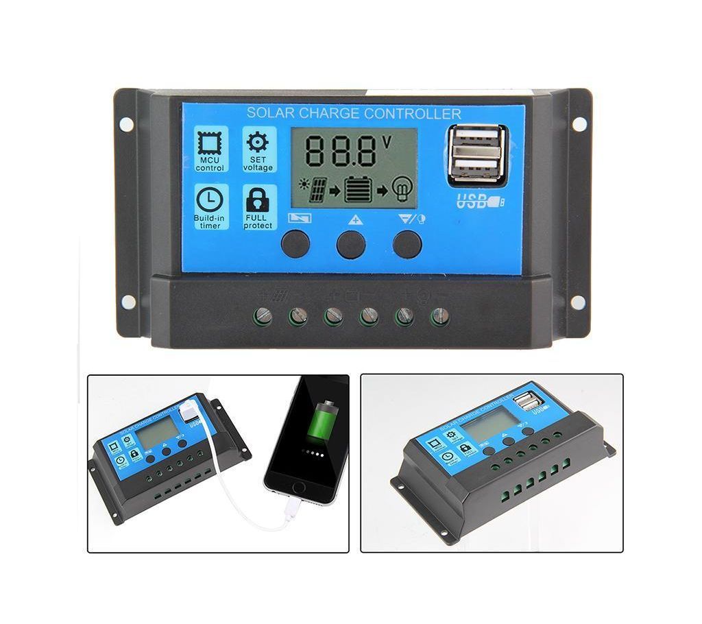 10A Solar Charger Controller Solar Panel Battery Intelligent Regulator With USB Port Display 12V/24V