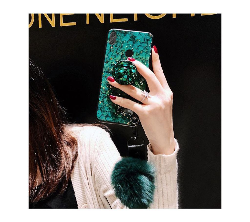 Xiaomi Redmi Note 7 Fashion Case Female Lady Phone Cases Rhinestone Stand Hair Ball Soft Cover Green Girl Casing