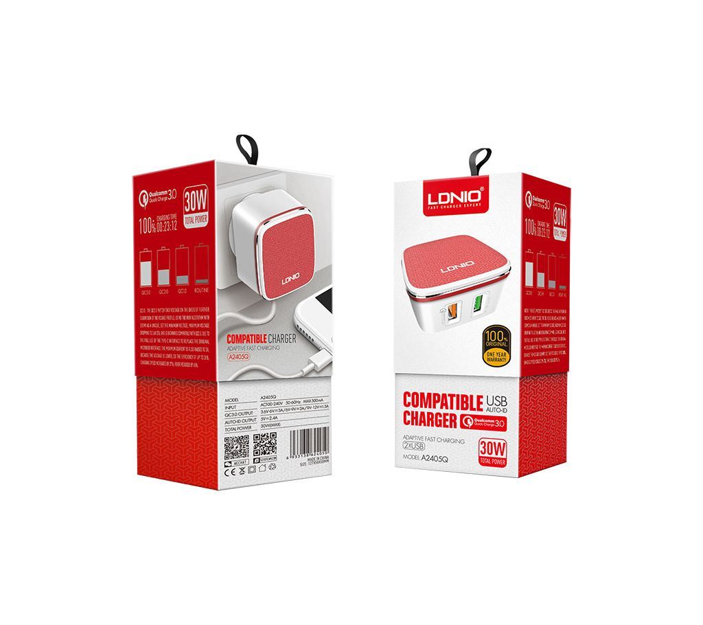 LDNIO A2405Q Dual USB Port Red home charger With one Universal Port and QC3.0 port US PLUG and Android Data Cable For Mobile Phone