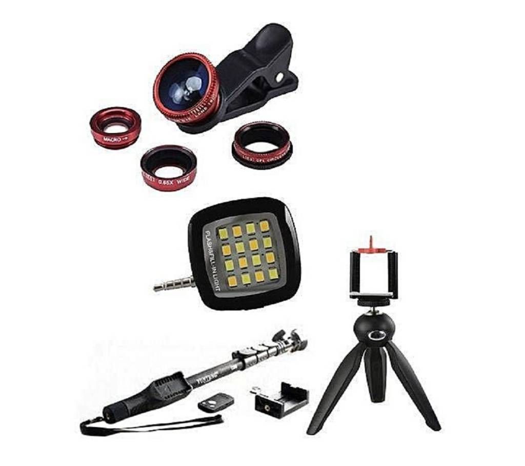 Combo of 4 Selfie Stick, Tripod Stand and Selfie Flash Light with 3 in 1 Zoom Lens
