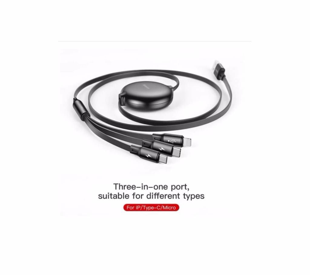 Original Baseus 3 in 1 Multi  Retractable 1.2m 3.5A Fast Charging Cable For Type C, Micro USB ,Iphone