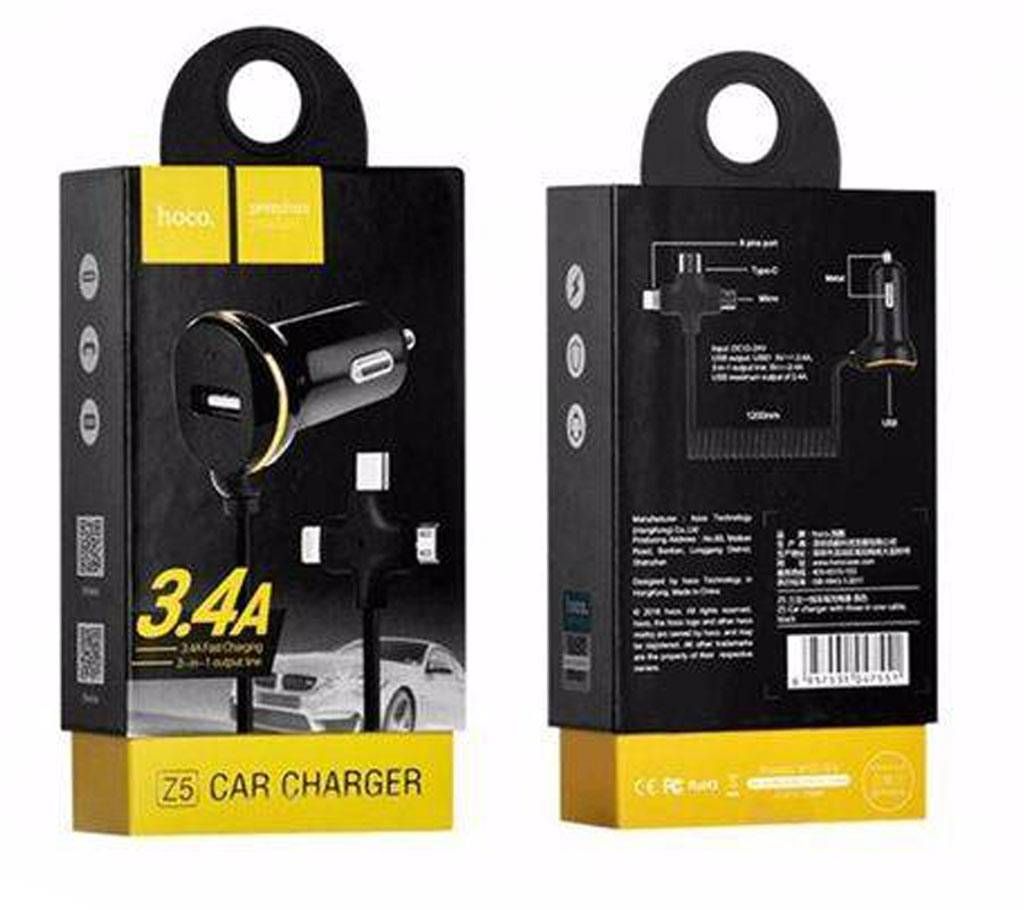Hoco Z5 Car Charger With Three In One Cable