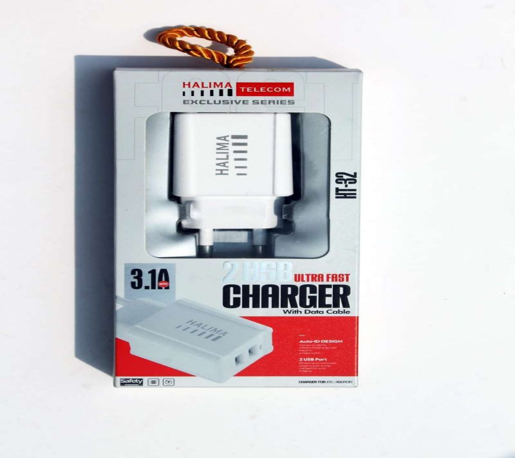 HT-32 3.1A Dual USB Ultra Fast Charger With Data Cable For iOS/Android