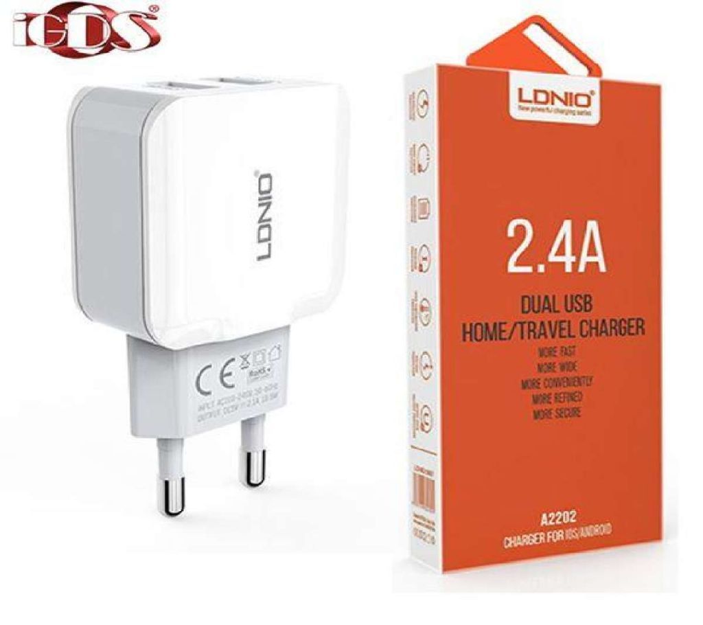 Ldnio Charger USB 2 Port 2.4A A2202 USB Adaptor - white and grey