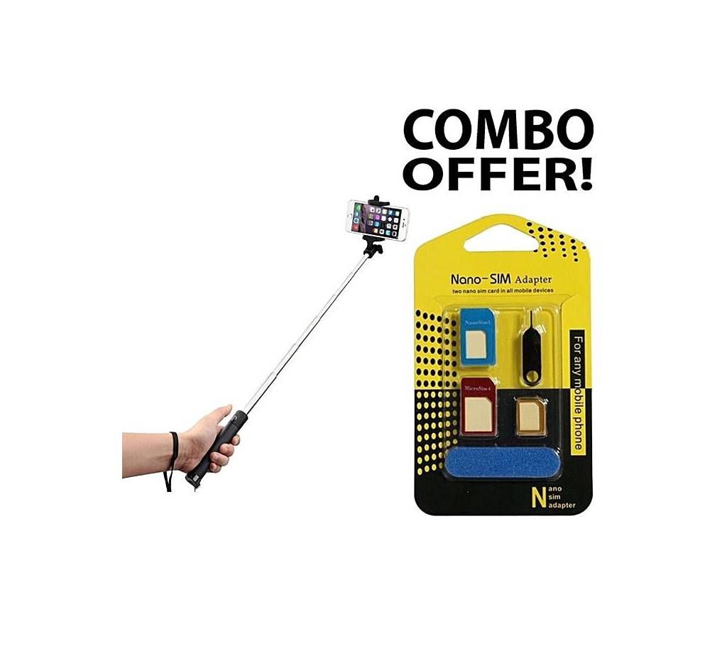 Combo of Locust Mono pod Portable Pocket Selfie Stick and Nano SIM Adapter Converter