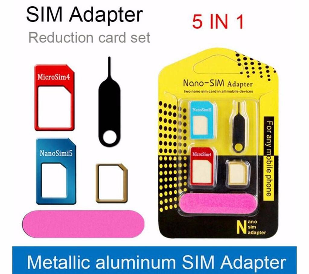 5 IN 1 Nano SIM Card Adapter to Micro Standard Metallic Aluminium Adapter Converter Set