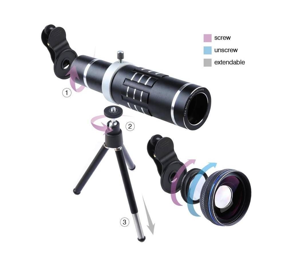 18x Zoom 4k Mobile Phone Telescope Lens Telephoto External With Tripod Bag Kit