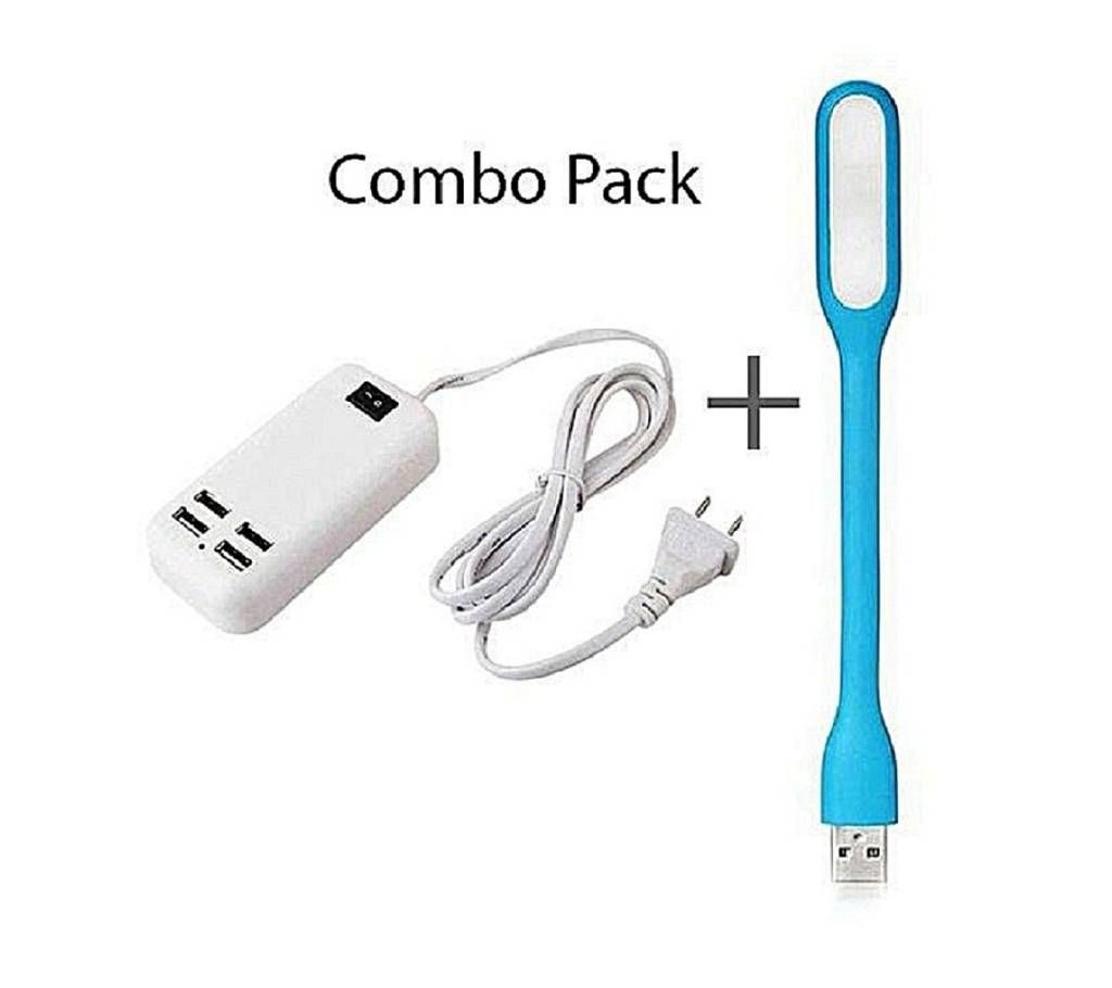 Digit-All Combo of 4 Ports USB Charger and 1Pcs USB Portable LED Light - Multicolor