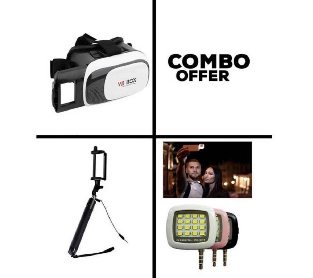 VR বক্স 3D+Blue tooth selfie stick+Selfie Light combo