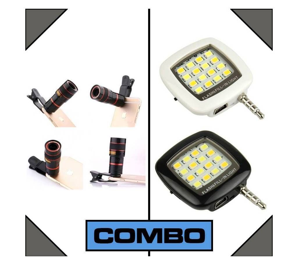 Combo of Universal 8x Optical Zoom Telescope Camera Lens + LED Flashlight