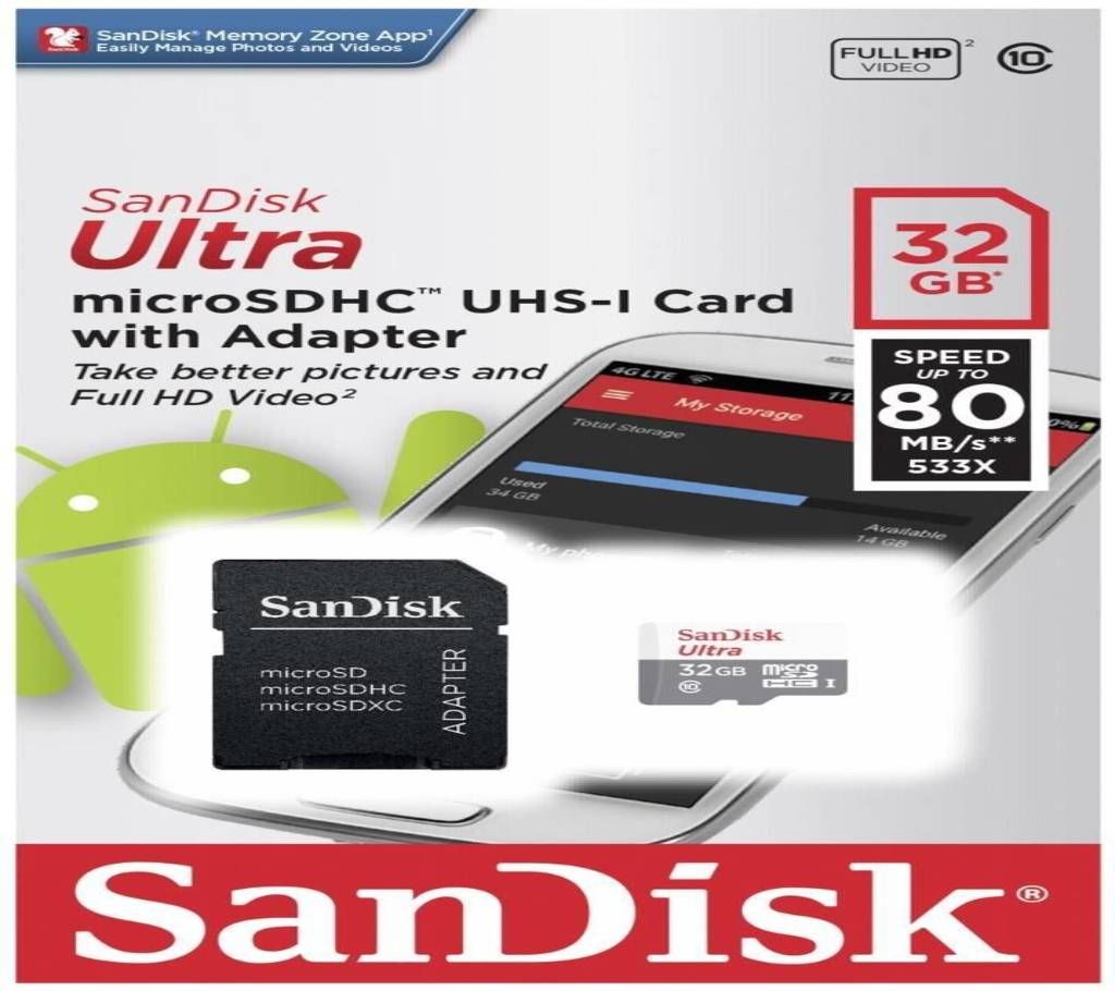 SanDisk Ultra 32GB  microSDHC UHS-I 80 MB/s Card with Adapter