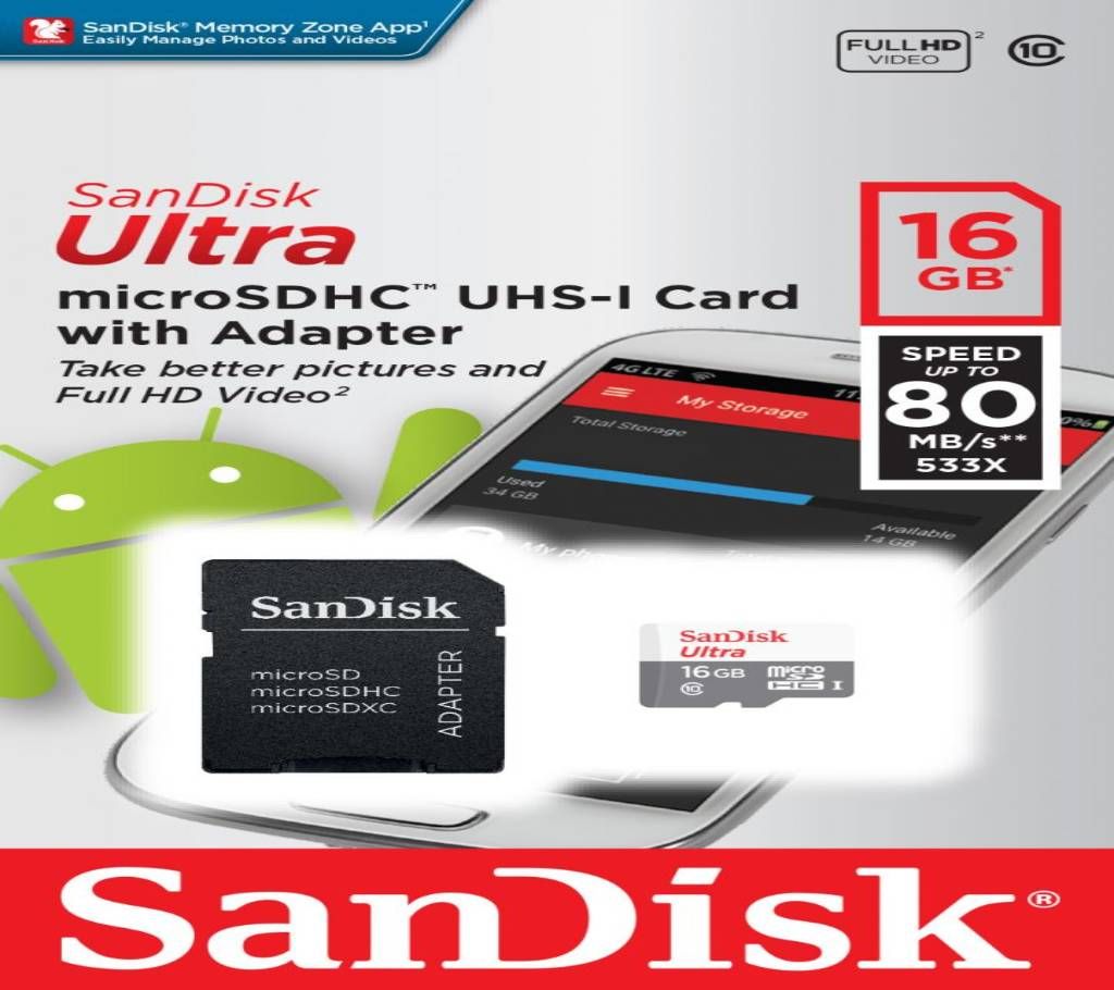 SanDisk Ultra 16GB microSDHC UHS-I 80 MB/s Card with Adapter