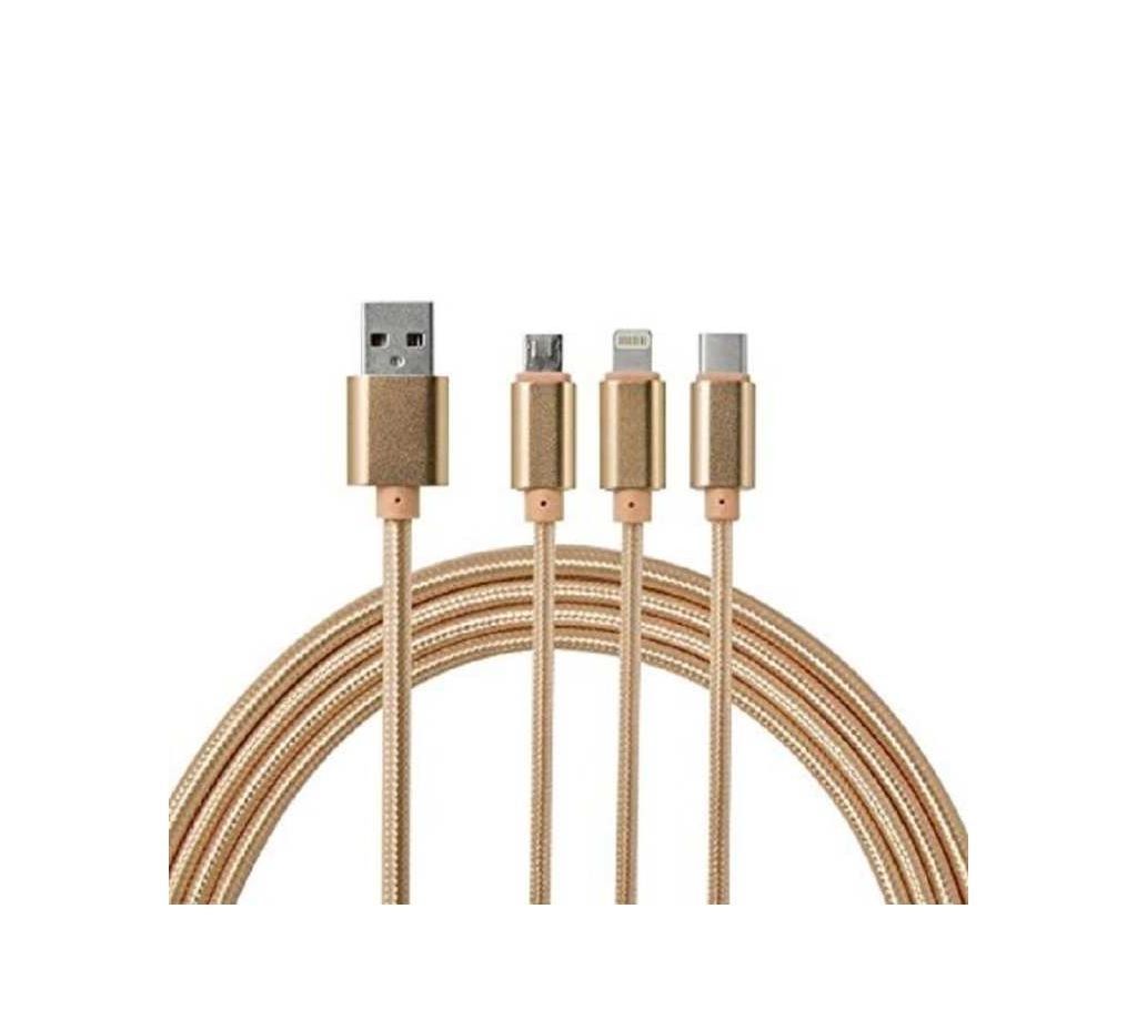 3 in 1 Braided Multi USB Charging Cable with Lighting Micro USB Type C - Golden