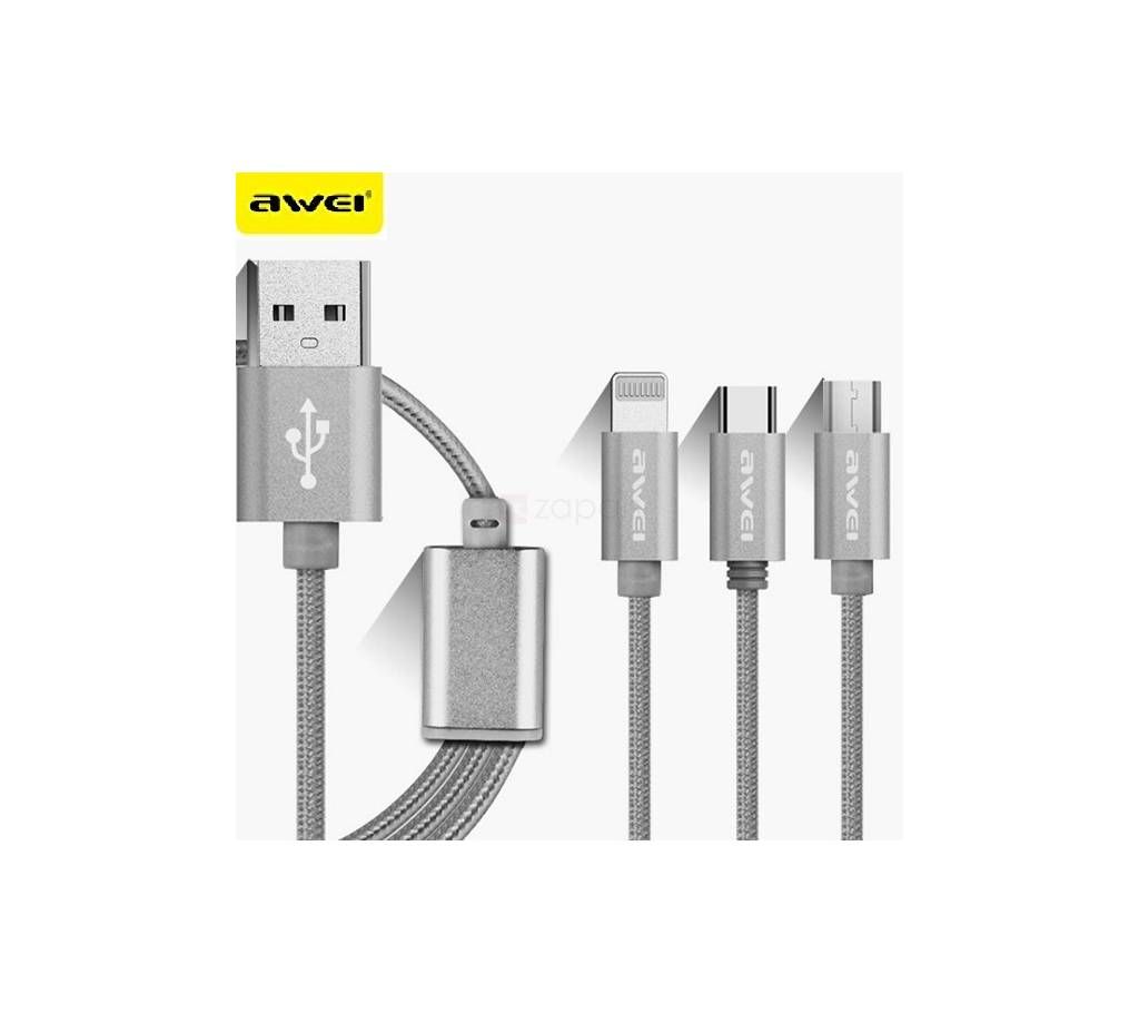 Awei 3 In 1 Cable For Micro USB, USB Type-C And Iphone 5,6,7,8,X