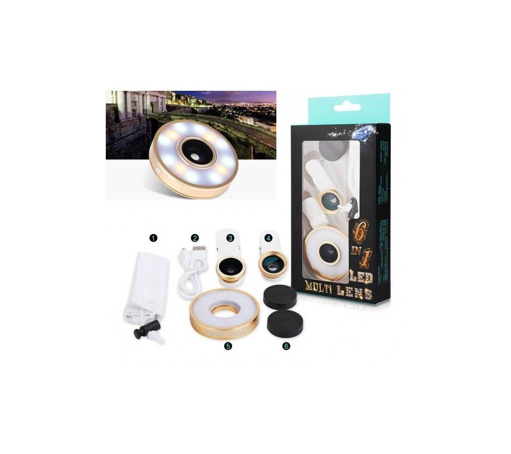 6 In 1 Selfie LED Flash Clip Fish Eye Lens Macro Wide Angle Lens