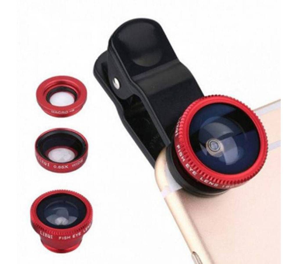 Universal Clip-on Lens With 3-in-1 Effect (Fish-eye, Wide-Angle, Macro) - Black & Red