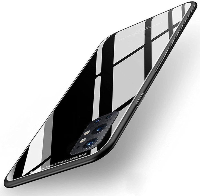 ELEF Back Cover for Oneplus 9R Luxurious Toughened Glass Back Shockproof TPU Bumper Case  (Black, Shock Proof, Pack of: 1)