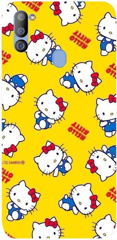 Golden Mask Back Cover for Sky Hawk Back Cover For Samsung Galaxy M21 Yellow Background And White Kitty  (Multicolor, Waterproof, Silicon, Pack of: 1)