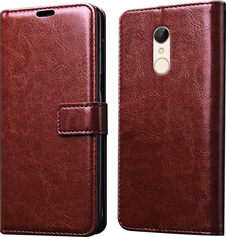 ELEF Flip Cover for Redmi Note 5|Inside TPU with Card Pockets|Wallet and Stand|Magnetic Closure  (Brown, Dual Protection, Pack of: 1)