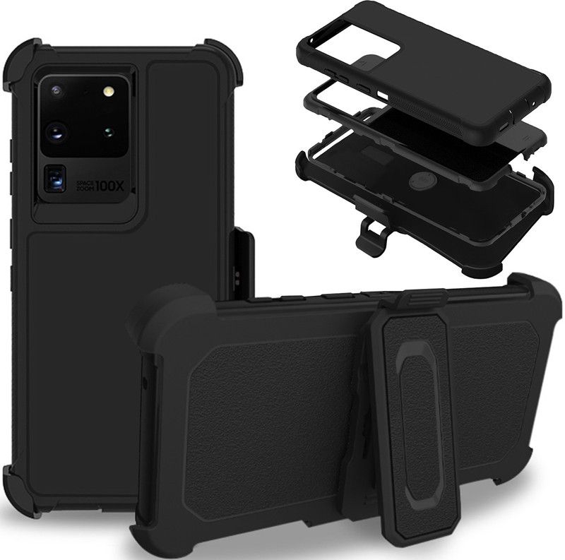 DuraSafe Cases Back Cover for Samsung Galaxy S20 Ultra 6.9" Bumper Armor Case with 360° Rotatable Belt Clip - With Holster  (Black, Rugged Armor, Silicon, Pack of: 1)