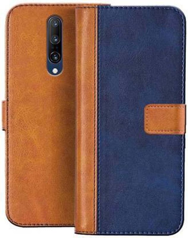 Flospy Flip Cover for OnePlus 7 Pro  (Blue, Brown, Camera Bump Protector, Pack of: 1)