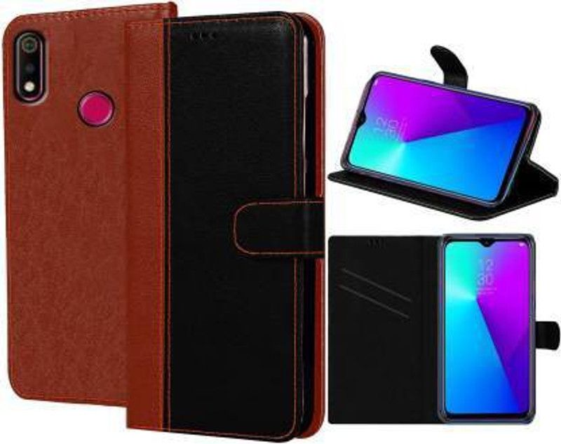 Amoha Flip Cover for Realme 3, Realme 3i  (Black, Brown, Magnetic Case, Pack of: 1)