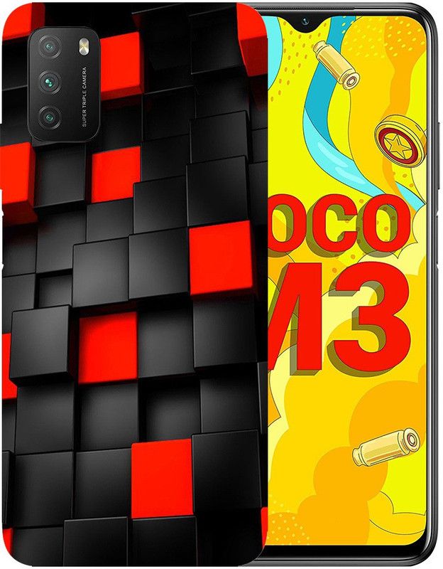 METOO Back Cover for POCO M3, Black Red BoxDesign back cover Print :: 658, POCO M3 back cover for boys, girls, Friends  (Multicolor, Dual Protection, Silicon)