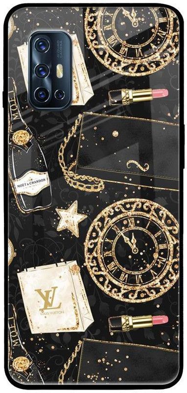 QRIOH Glass Back Cover for Vivo V17  (Black, Gold, Grip Case, Silicon, Pack of: 1)