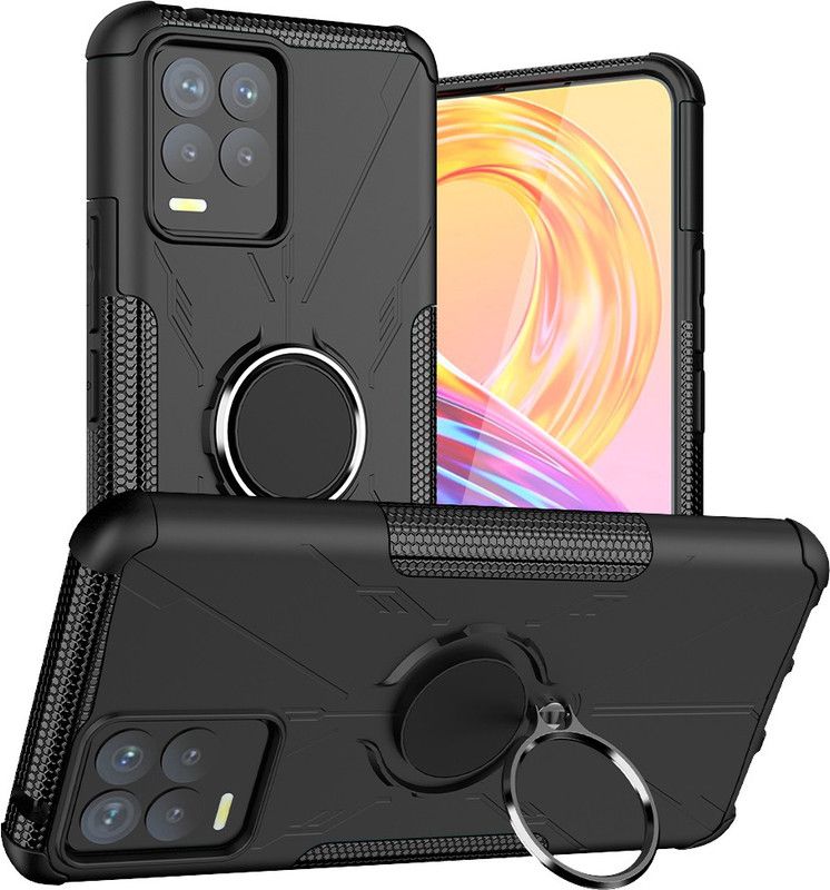 Accessories Kart Back Cover for Realme 8 Dazzle tyre ring stand case with kick stand  (Black, Rugged Armor, Pack of: 1)