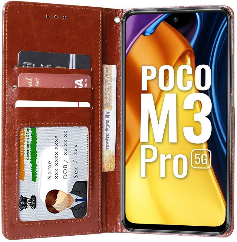 Unistuff Wallet Case Cover for Poco M3 Pro 5G, Mi Redmi Note 10T 5G, Redmi Note 10T 5G  (Brown, Dual Protection, Pack of: 1)