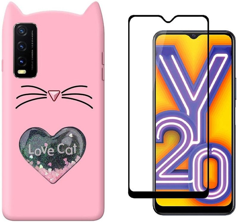 A3sprime Back Cover for vivo Y20g, with Tempered Glass Screen Guard Protector  (Pink, Dual Protection, Pack of: 2)