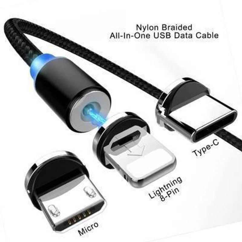 HUTUVI Magnetic Charging Cable 1 m Glowing Magnetic Charger Cable 01 1 m Magnetic Charging  (Compatible with Micro USB, Type C, iOS, Black, One Cable)