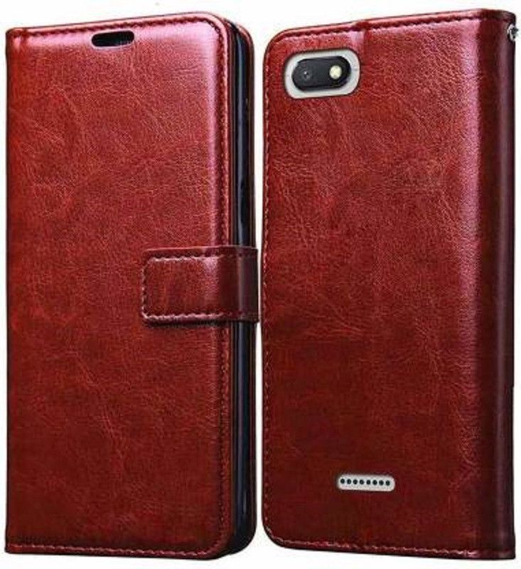 Luxury Counter Flip Cover for Xiaomi Redmi 6A Premium Quality |Dual Stiched |Complete Protection| Back Cover  (Brown, Dual Protection, Pack of: 1)