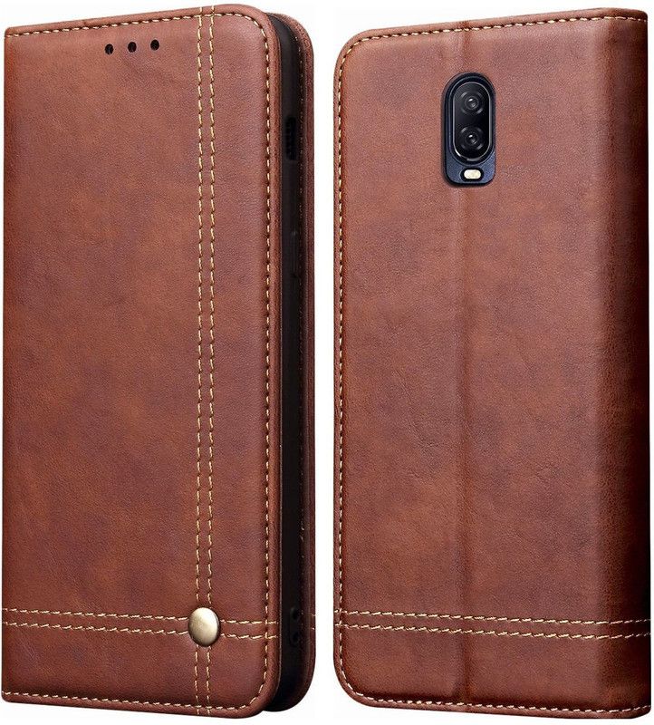Flip Kick Stand Wallet Case Cover for OnePlus 6T  (Brown, Magnetic Case, Pack of: 1)