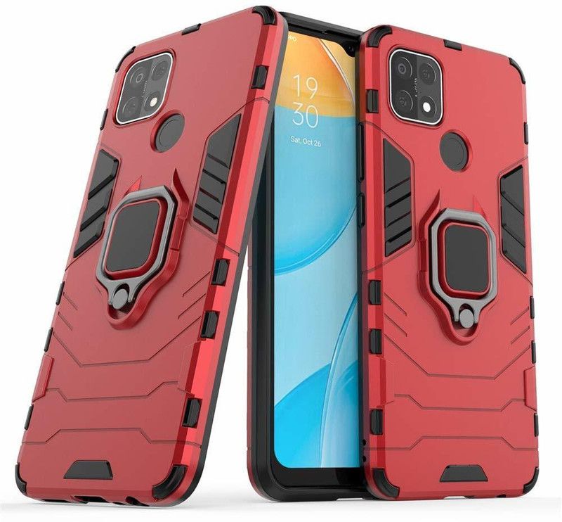 VOSKI Back Cover for Oppo A15 Armor Rugged Shockproof with Metal Rotating Ring Case  (Red, Dual Protection, Pack of: 1)