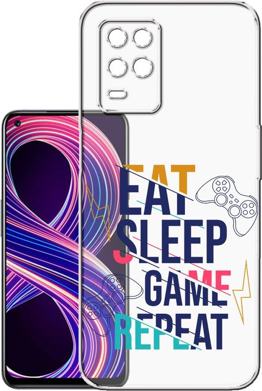 HANIRY Back Cover for Realme 8 / RMX3085 mobile cover | EAT SLEEP GAME REPEAT TEXT | Design | PNG_77  (Multicolor, Flexible, Silicon, Pack of: 1)