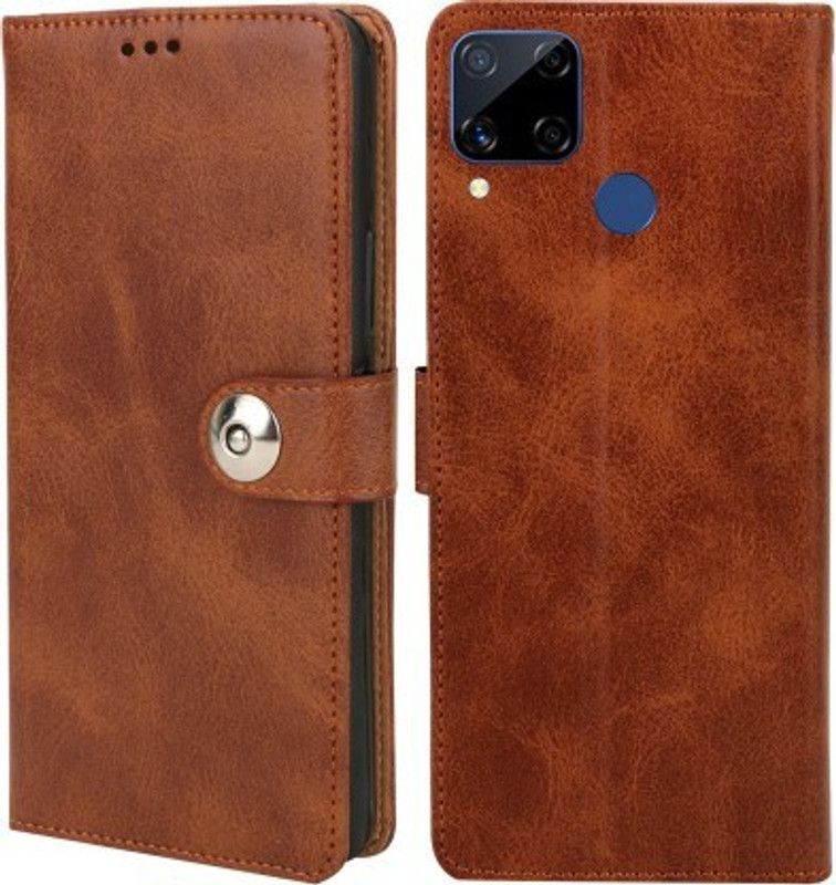 masque Flip Cover for Realme C15  (Brown, Pack of: 1)