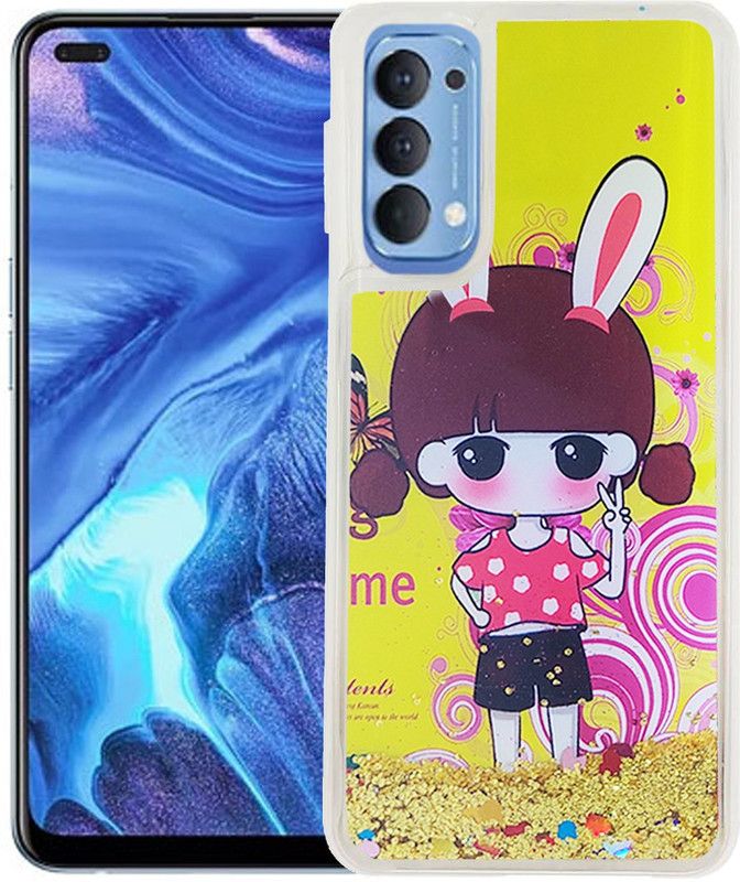 KBAGS Back Cover for OPPO RENO 4 (FULLY Glitter and Liquid with Printed YELLOW DOLL in The Middle)  (Multicolor, Waterproof, Pack of: 1)