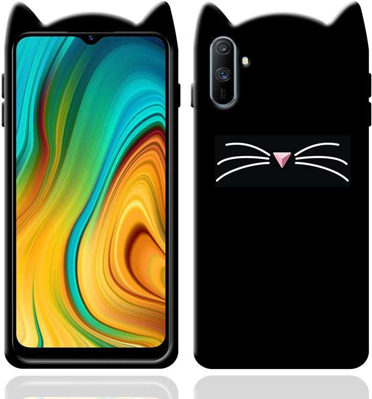 TKTHUB Back Cover for REALME C3 Girls 3D Cartoon Cute Cat Silicone case  (Black, Pack of: 1)