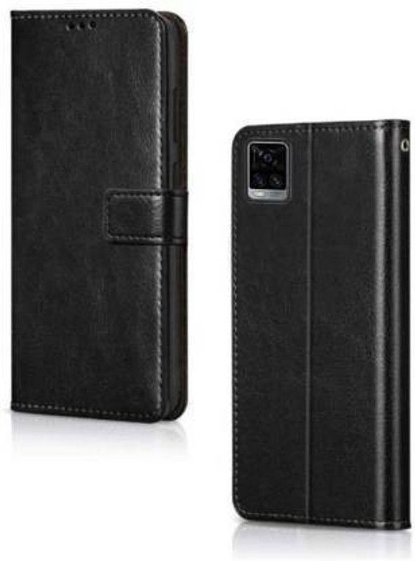 Creativo Flip Cover for Vivo V20 Vintage Look Pure Leather Flip Cover with Media Stand  (Black, Pack of: 1)