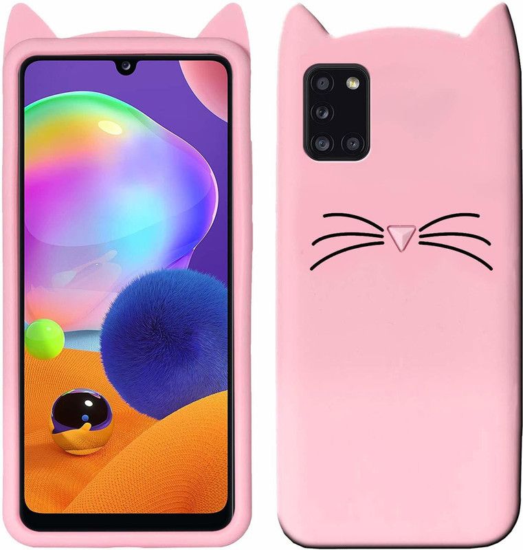 ONCRAVES Back Cover for Samsung Galaxy A31 Ear Cat Case | 3D Cute Mustache Kitty | Cat Back Cover  (Pink, Dual Protection, Silicon, Pack of: 1)