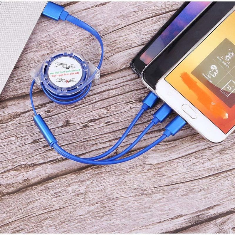 RHONNIUM USB Type C Cable 1.2 m 3 in 1 Retractable 3.0A Fast Charging Cable -Y6  (Compatible with iOS, Android, Blue, One Cable)