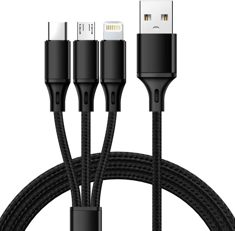 ASTOUND Micro USB Cable 3 A 1 m Nylon Braided 3.1 Amp 3 in 1 Nylon Braided Fast Charging Multi Charger Cable  (Compatible with Mobile, Tablet, TV, Camera, Computer, Gaming Console, Black, One Cable)