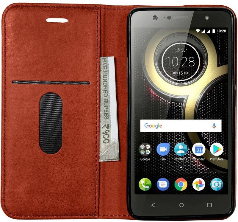 Shock Proof Wallet Case Cover for Lenovo K8+ / Lenovo K8 PLUS  (Brown, Dual Protection, Pack of: 1)