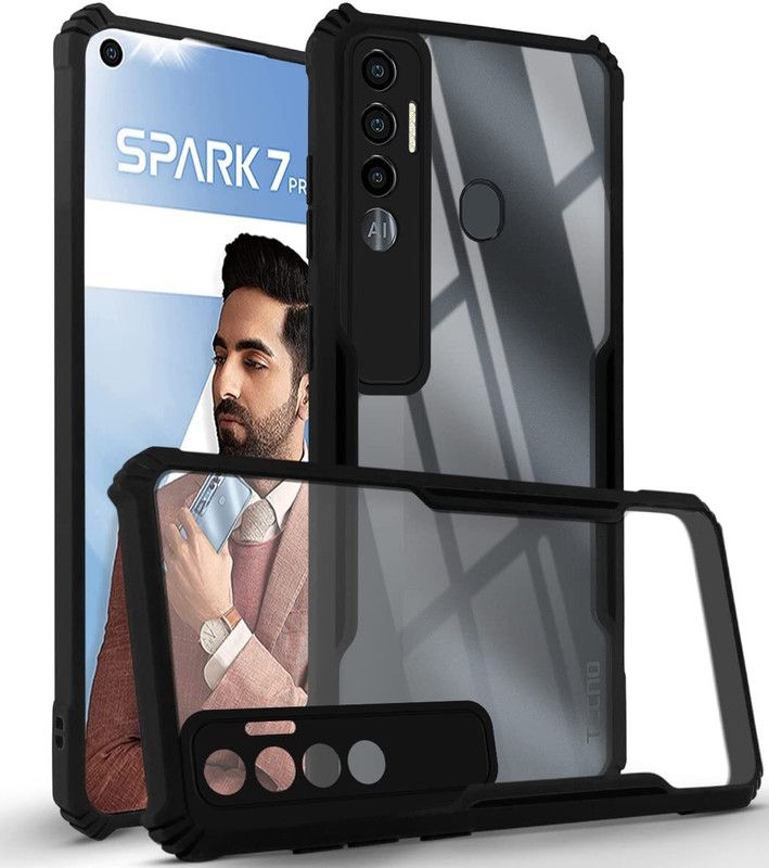 Kreatick Back Cover for TECNO SPARK-7 PRO (Crystal Glass Back | Camera Protection | Shockproof Bumpers )  (Black, Grip Case, Pack of: 1)