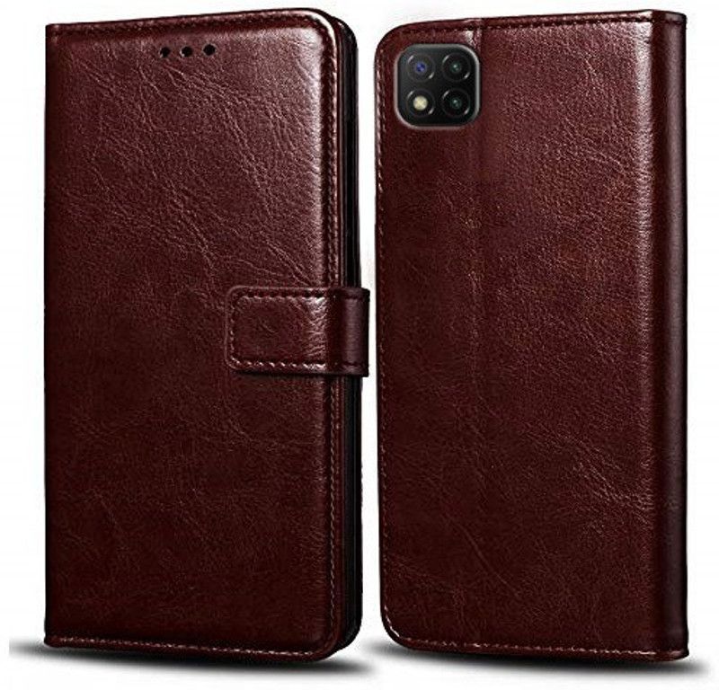 Krofty Flip Cover for POCO C3  (Brown, Cases with Holder, Pack of: 1)