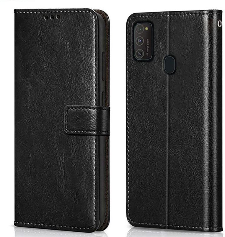 Caseworm Flip Cover for Samsung Galaxy M21 Leather Magnetic Vintage Wallet Case  (Black, Dual Protection, Pack of: 1)