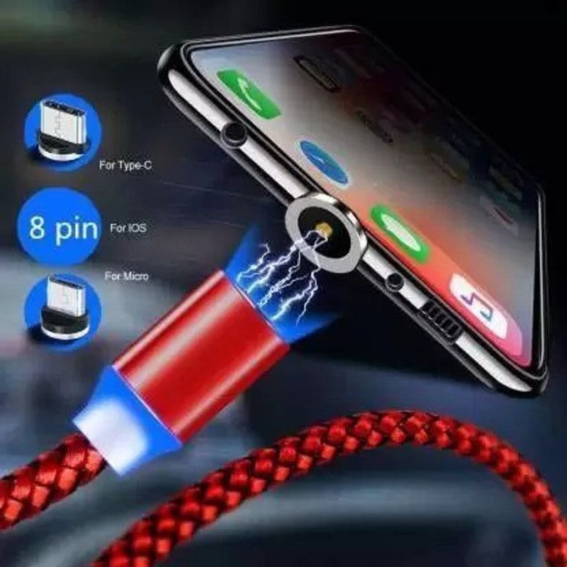 BSVR Magnetic Charging Cable 1.2 m Fast Magnetic 3 in 1 Charging Cable 040 Nylon Braided 3.0A 360 Degree Rotate  (Compatible with Samsung , Iphone , Type-C Fast Charging, Multicolor, One Cable)